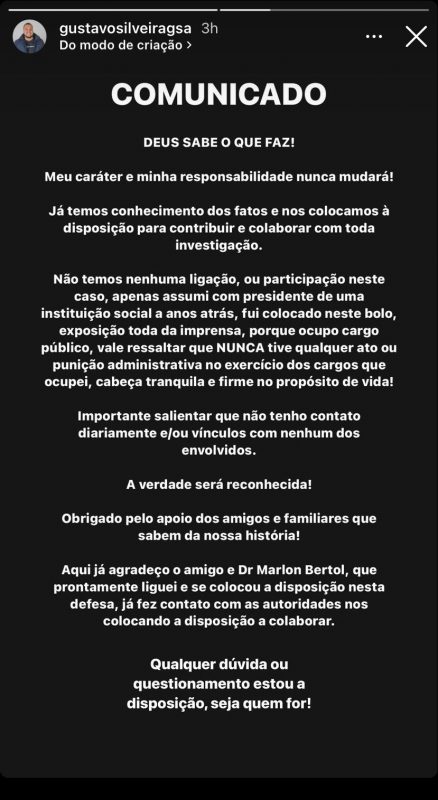 Gustavo Silveira faz comunicado ap&oacute;s Opera&ccedil;&atilde;o Press&aacute;gio – Foto: Reprodu&ccedil;&atilde;o/Instagram/ND