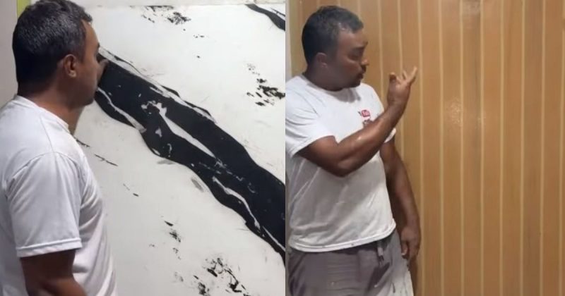 Antes e depois mostra como a parede ficou com o efeito ripado – Foto: Reprodu&ccedil;&atilde;o/YouTube/ND