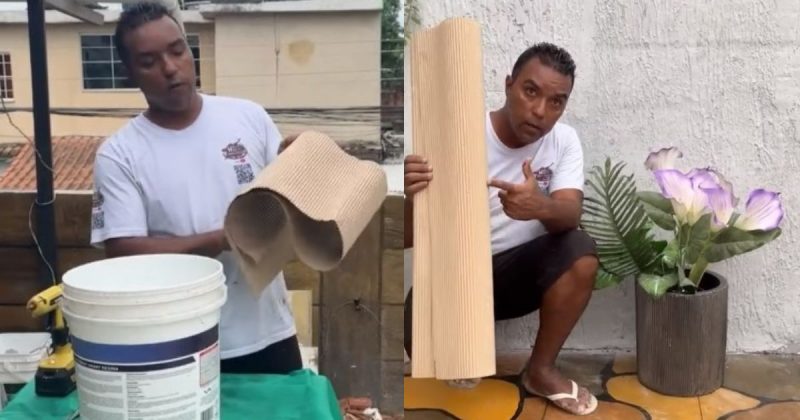 Pedreiro usa balde e gesso para criar vaso moderno – Foto: Reprodu&ccedil;&atilde;o/YouTube/ND