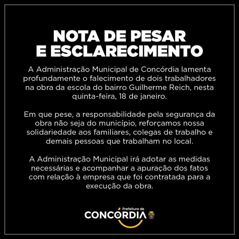Nota de pesar e esclarecimento da Prefeitura de Conc&oacute;rdia – Foto: Prefeitura de Conc&oacute;rdia/Reprodu&ccedil;&atilde;o/ND