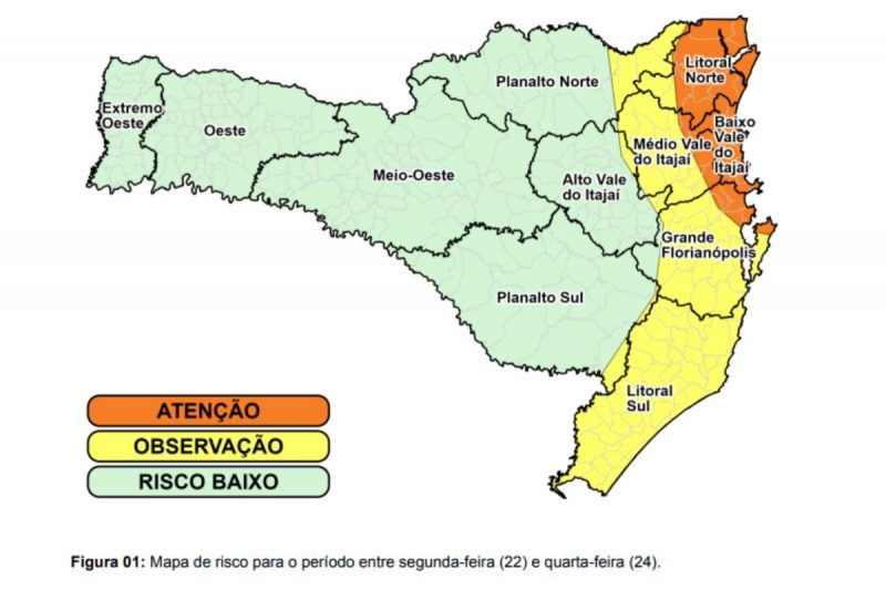 Mapa mostra &aacute;reas de maior aten&ccedil;&atilde;o no final de semana – Foto: Defesa Civil/Divulga&ccedil;&atilde;o/ND