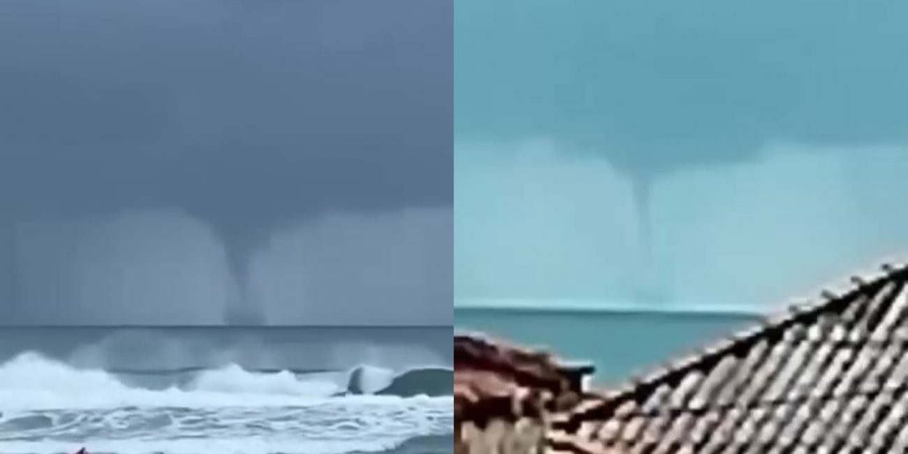 na imagem aparece a formação de uma tromba d´água tocando o mar em Florianópolis.