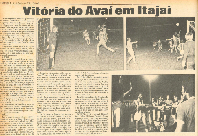 Vit&oacute;ria diante do Argentino Juniors em um jogo violento em que o &aacute;rbitro Alvir Renzi contribuiu para o est&aacute;culo ruim – Foto: Acervo Biblioteca P&uacute;blica SC – Hemeroteca Digital/Jornal O Estado