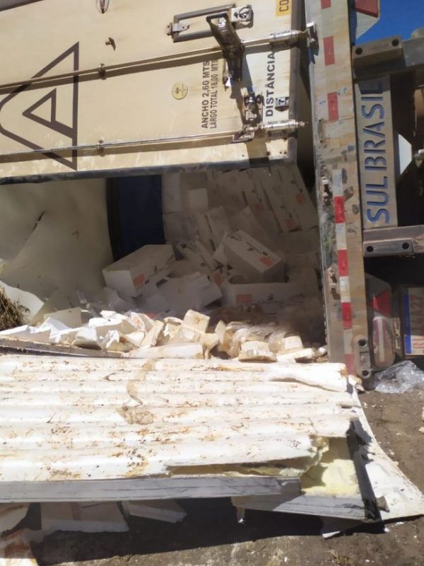 O ve&iacute;culo estava carregado de salm&atilde;o e parte da carga foi saqueada. – Foto: Corpo de Bombeiros/Reprodu&ccedil;&atilde;o/ND