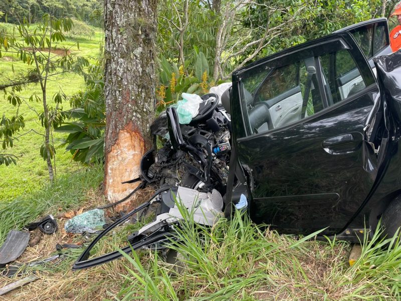 Segundo bombeiros, a condutora perdeu o controle e bateu contra uma &aacute;rvore – Foto: Raphael Carrasco/Jornal de Pomerode