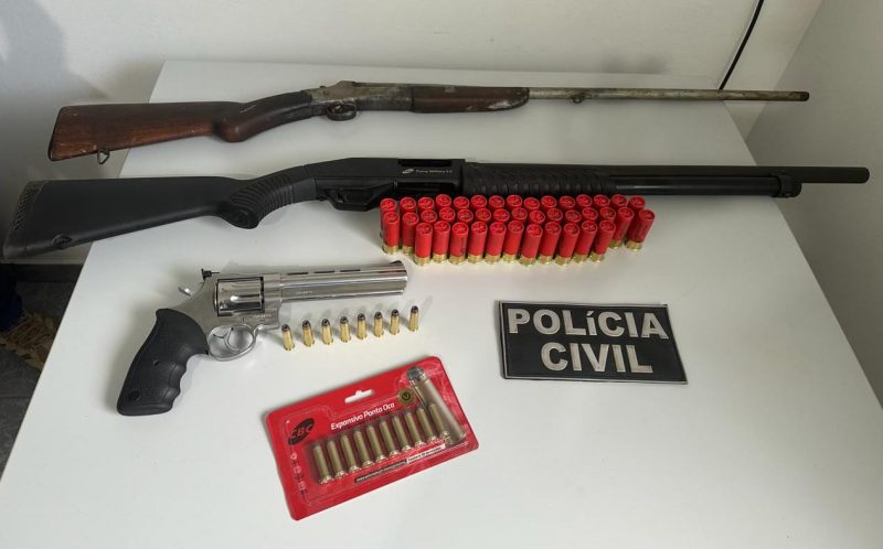 Armas foram apreendidas durante Operação Policial em Bom Jesus do Oeste. O revólver, segundo os policiais, foi utilizado contra a vítima de violência doméstica. Foto: Policia Civil/Divulgação/ND