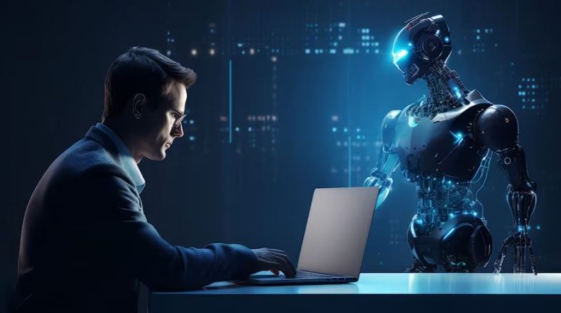 Imagem de homem com notebook e robô futurista para ilustrar a nova funcionalidade do chatGPT