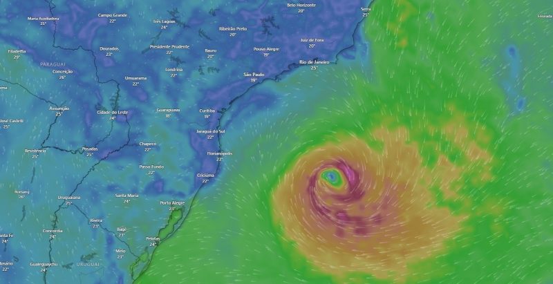Ciclone segue atuando em Santa Catarina e trazendo chuvas e temporais. – Foto: Windy/Reprodução/ND