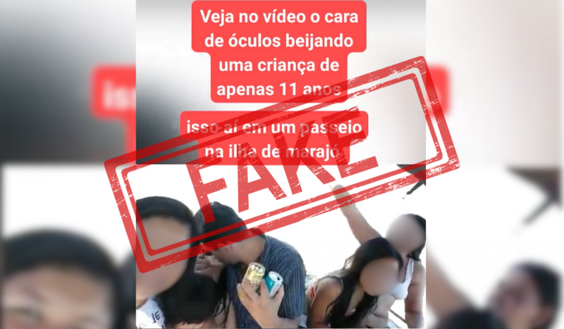 Foto borrada com selo de "fake" para desmentir vídeo compartilhado como sendo de homem beijando criança no Marajó