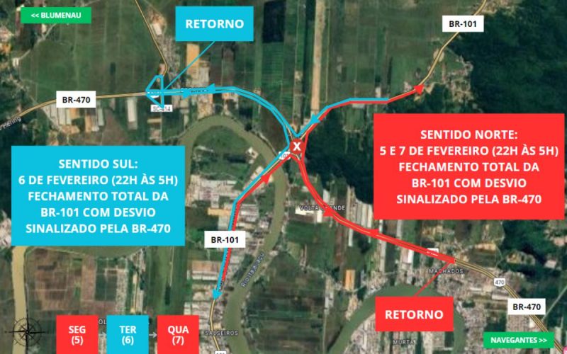 Mapa de interdição da BR-101 em Navegantes