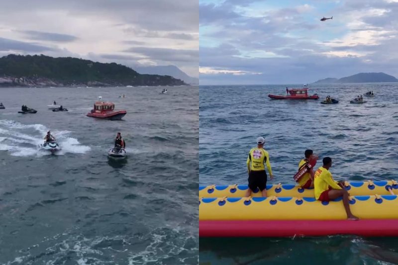 Foto mostra uma série de embarcações no mar e um avião no céu em busca de um suposto naufrágio