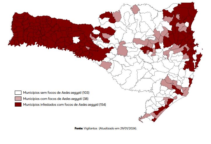 Mapa mostra infestações de mosquito da dengue; locais com cores mais escuras são mais infestados &#8211; Foto: Reprodução/Dive-SC/ND