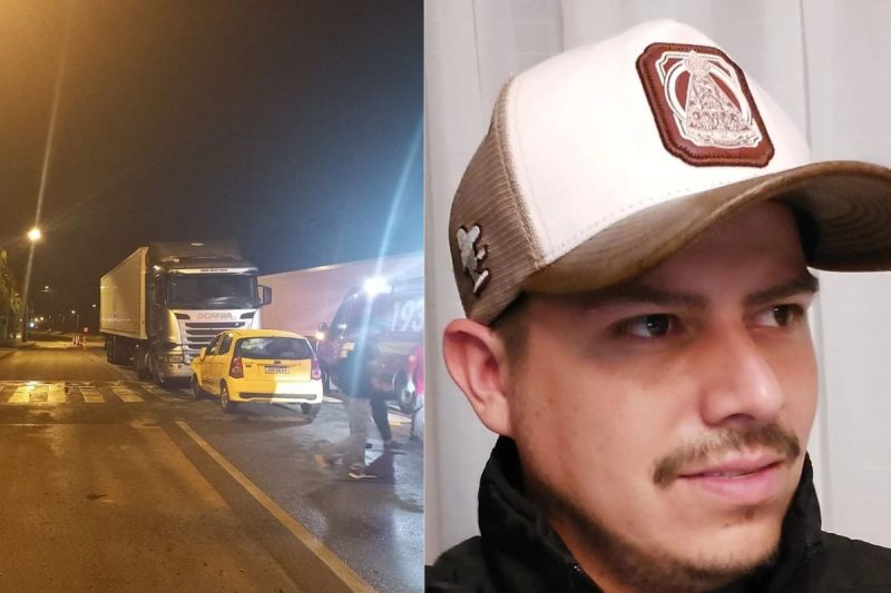 À esquerda, caminhão e carro que bateram em Jaraguá do Sul. À direita, Gean, que é um homem branco, tem cavanhaque e usa boné