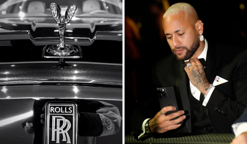 Fotomontagem com duas fotos, à esquerda o carro da marca Rolls royce na cor preta e à direita o jogador Neymar de terno e roupa preta