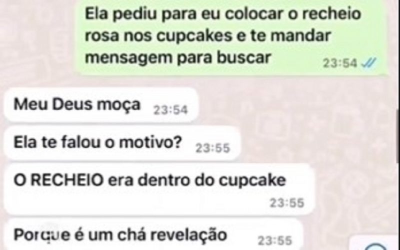 Mulher explicou à confeiteira que se tratava de um chá de revelação