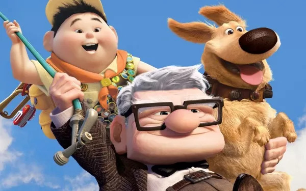 Os personagens Russell, Carl e Dug na animação da Disney Up: Altas Aventuras.