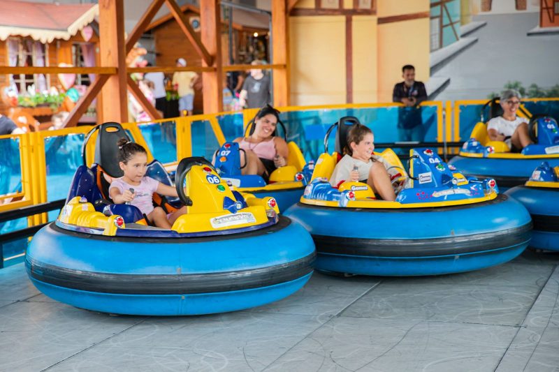 Foto de um brinquedo de bate-bate do Alles Park, em Pomerode. A foto mostra duas crianças meninas, à frente, e dois adultos - uma mulher e um homem - ao fundo. Eles estão dirigindo uma espécie de boia, como um carrinho bate-bate. 