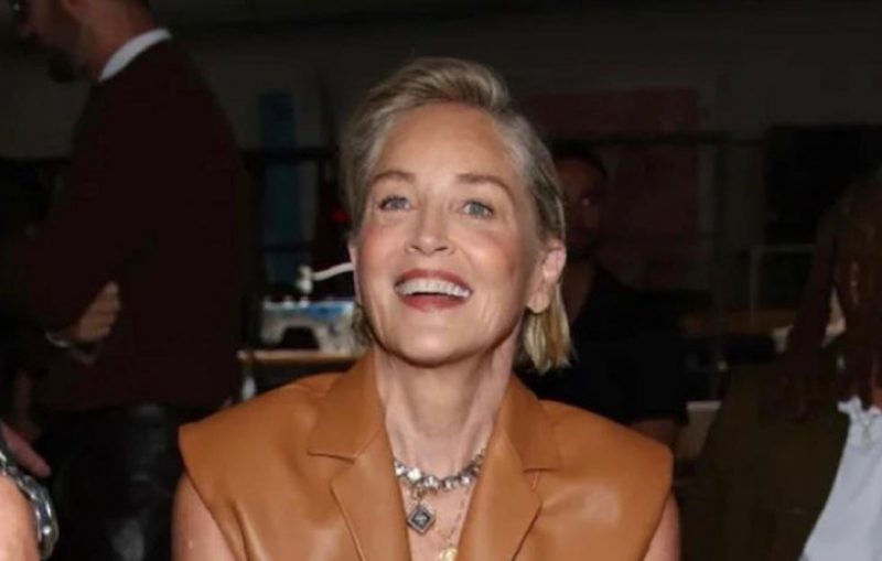 Na foto, Sharon Stone aparece sorrindo sentada em uma cadeira