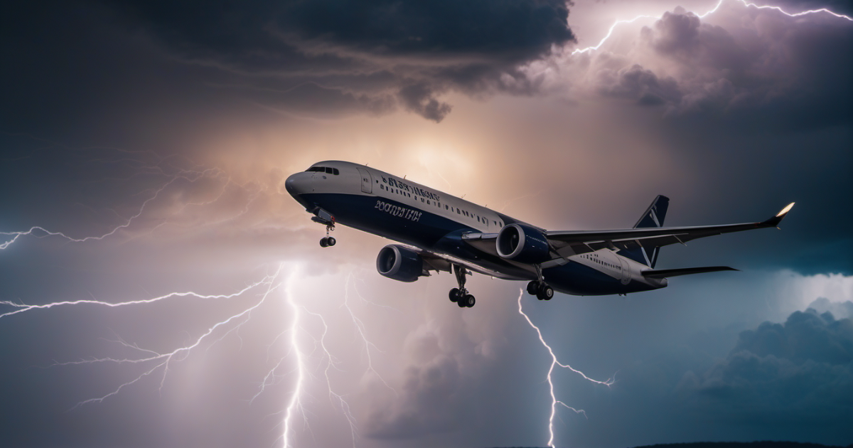 Na imagem aparece um avião voando e sendo atingido por um raio