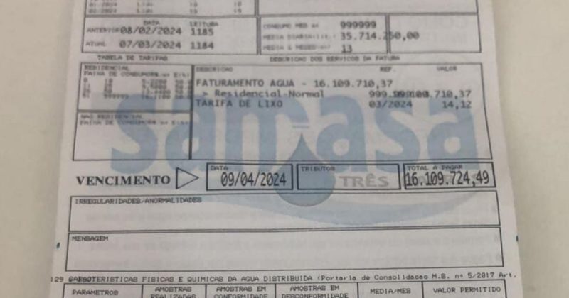 Conta de água da cidade de Três Barras, no Planalto Norte de Santa Catarina, com o valor de R$ 16 milhões
