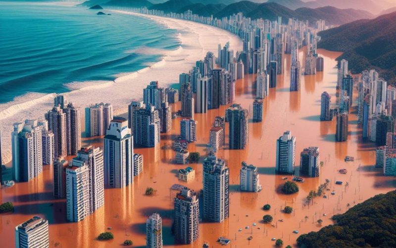 Imagem gerada por inteligência artificial de cidade litorânea tomada por inundação causada pelo aquecimento global