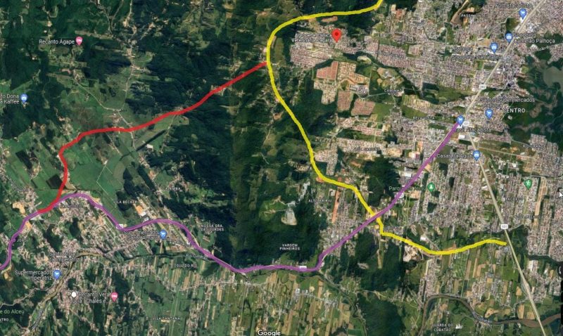 Traçado em vermelho prevê a ligação entre o Contorno Viário da Grande Florianópolis [amarelo] e a BR-282 [em roxo] 