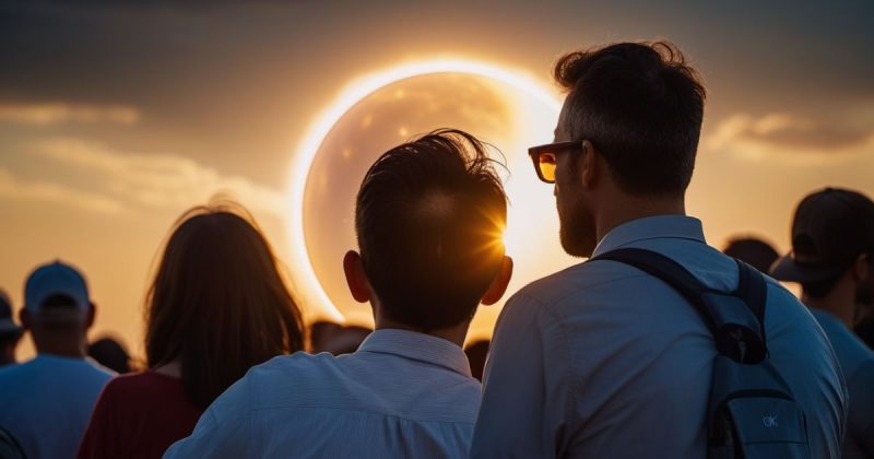 Imagem de um casal assistindo o eclipse solar