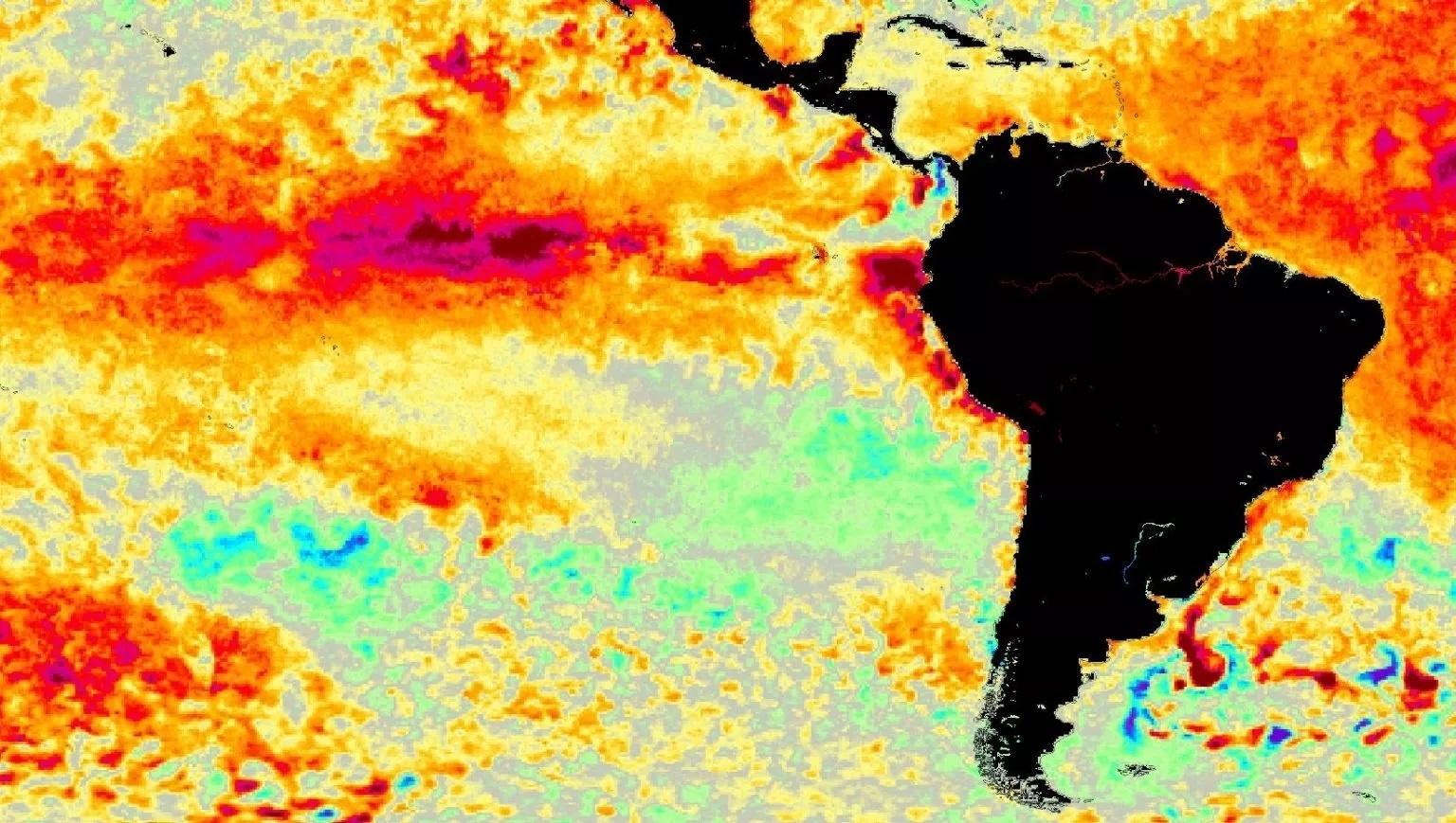 Na foto aparece o El Niño atuando de maneira moderada no Pacífico.