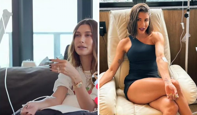 A influenciadora Hailey Bieber (à esquerda) e a ex-panicat Thais Bianca (à direita) fazendo aplicação de coquetel de soroterapia no braço. Nas fotos, ambas as mulheres são brancas e aparecem sentadas com um dos braços estendidos 