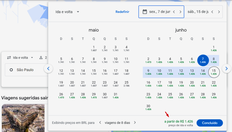 Print da tela do Google Flights onde aparece o calendário de datas com os valores das passagens logo abaixo de cada dia. Os valores estão na cor verde, indicando preços dentro da normalidade.