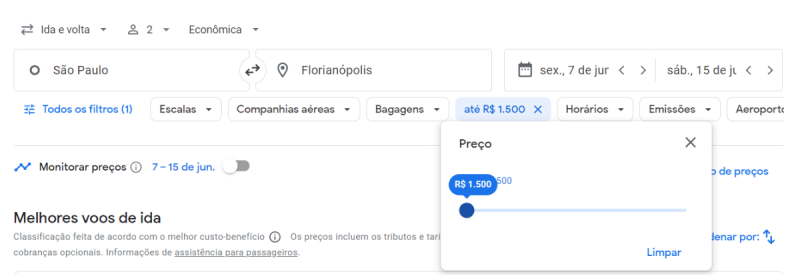 Print da tela do Google Flights indicando o filtro de seleção de valores.