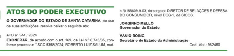 Exoneração de Roberto Salum assinada pelo governador Jorginho Mello