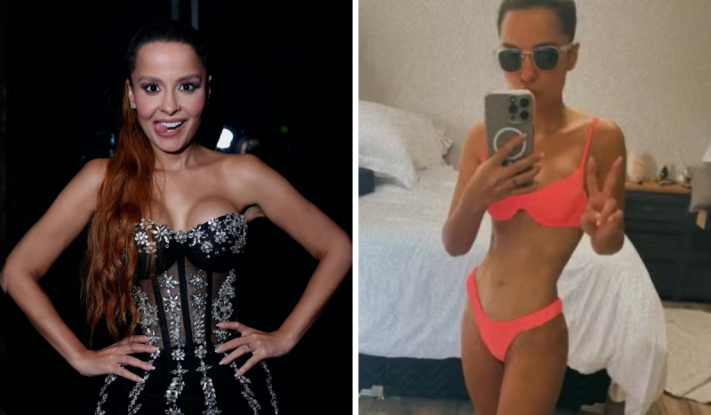 Fotomontagem com duas fotos da cantora Maiara - Foto à esquerda mostra mulher branca com vestido preto brilhoso sorrindo com a língua de fora. À direita, mulher de biquíni posa fazendo símbolo de paz e usando óculos escuros em frente ao espelho