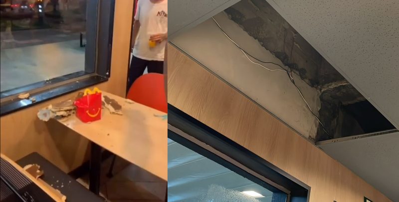 Fotos mostram parte do forro caída sobre mesa do McDonald's e teto e fiação expostas após incidente