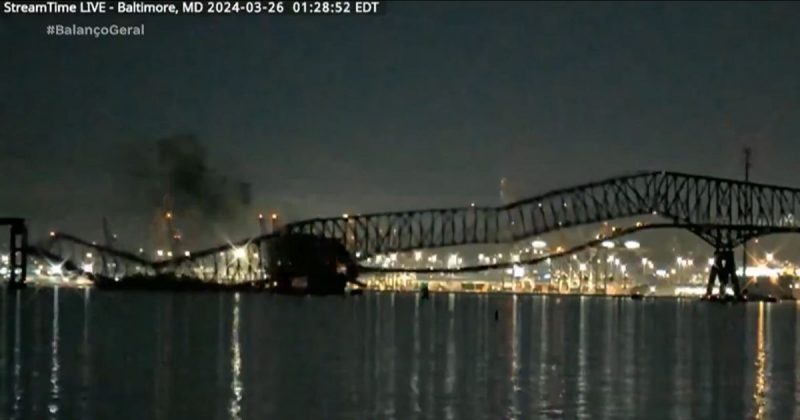 A ponte Francis Scott Key caiu ap&oacute;s ser atingida por um navio que estava desgovernado – Foto: Balan&ccedil;o Geral/Divulga&ccedil;&atilde;o/ND