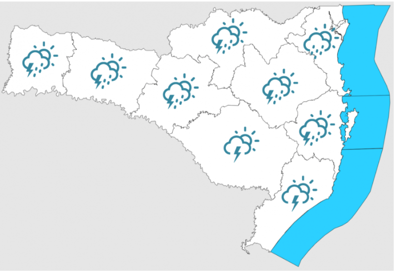 Foto mostra mapa de Santa Catarina com previsão do tempo e a chegada de frente fria 