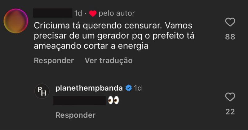 Print de comentário no perfil da banda Planet Hemp