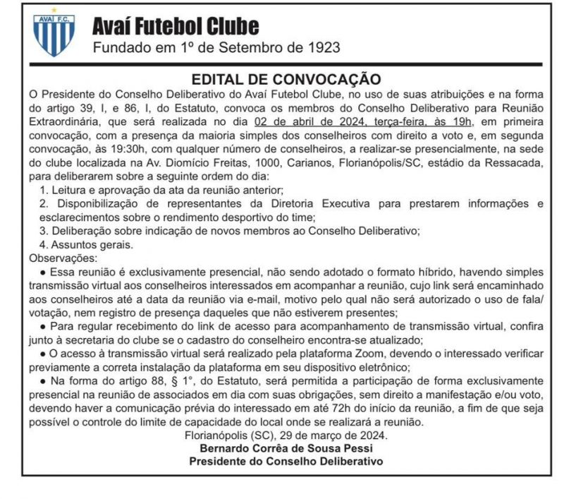 Edital de Convoca&ccedil;&atilde;o foi publicado no Jornal ND na edi&ccedil;&atilde;o do fim de semana – Foto: Ava&iacute; FC/divulga&ccedil;&atilde;o/ND