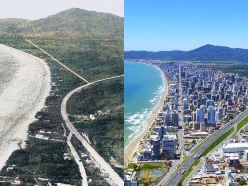 Cidade n&atilde;o tinha os pr&eacute;dios altos caracter&iacute;sticos de hoje – Foto: Reprodu&ccedil;&atilde;o Internet (antes) / Prefeitura de Itapema (depois)
