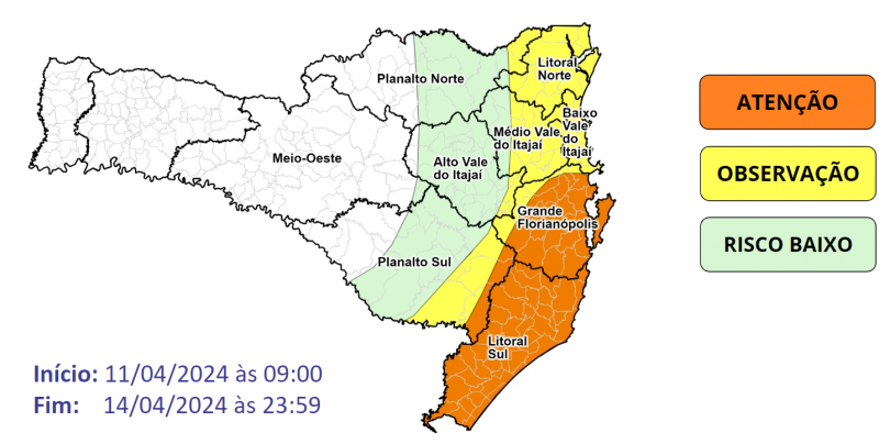 Mapa da Defesa Civil mostra projeção de chuvas para Santa Catarina &#8211; Foto: Defesa Civil/Divulgação/ND