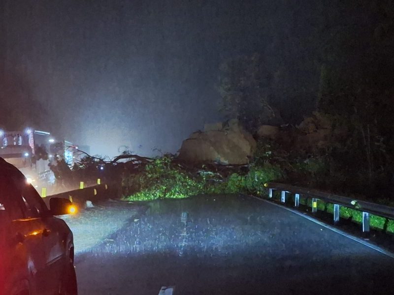 Foto noturna mostra estrada na chuva com árvore caída na pista