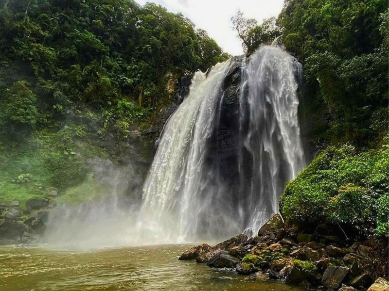 Foto da Cachoeira Véu da Noiva, em Doutor Pedrinho. Centralizada, a cachoeira caudalosa cercada pela vegetação e caindo em um poço natural. 