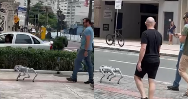A imagem mostra um cachorro robô andando pela praça Higino Pio em Balneário Camboriú