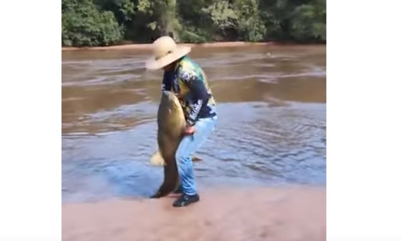 Cafu domina o peixe ao tirá-lo do rio