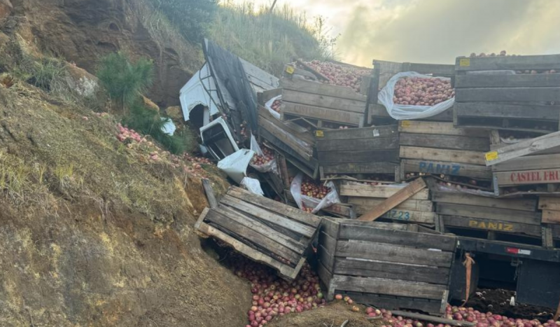 Foto mostra cabine de caminhão que transportava maçãs totalmente destruída após acidente