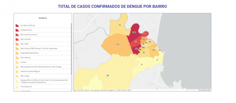 Imagem mostra bairros mais afetados pela dengue em Itajaí