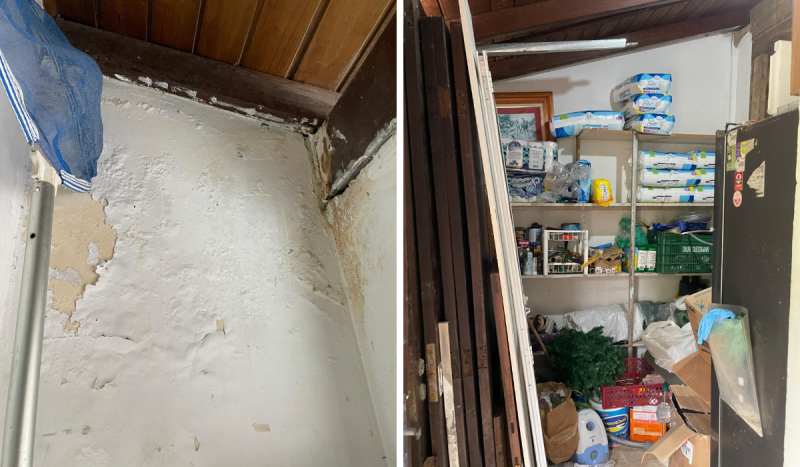 Fotomontagem de casa de repouso com situação precária em Florianópolis. Fotos mostram paredes com infiltrações e ao lado o depósito com itens entulhados