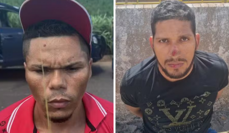 Fugitivos de Mossoró - fotomontagem mostra homem de camisa vermelha e boné vermelho com expressão séria e à direita homem branco com ferimento no nariz