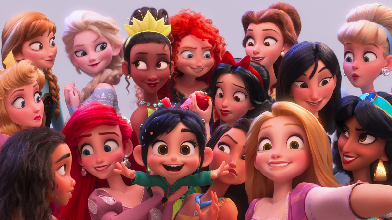 Imagem com diversas princesas da Disney, mostrando protagonistas como Mulan, Rapunzel, Elsa, Tiana e Cinderela