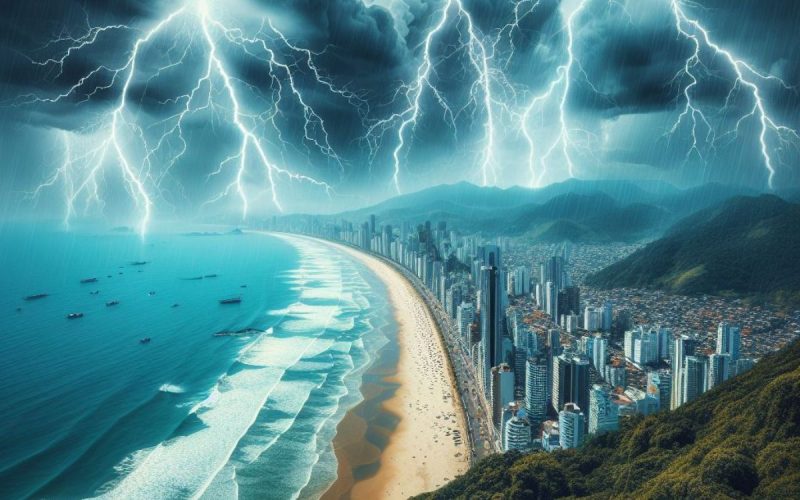 Imagem criada por IA de forte chuva caindo sobre cidade litorânea